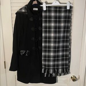 Jane Post Black Plaid Lining Hood Toggle Trench Coat and Matching Scarf